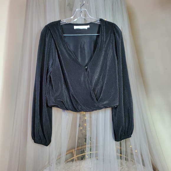 ASTR The Label Tops - ASTR The Label Primiadonna Plisse  Wrap Crop Top Black Dark Feminine Small Poet